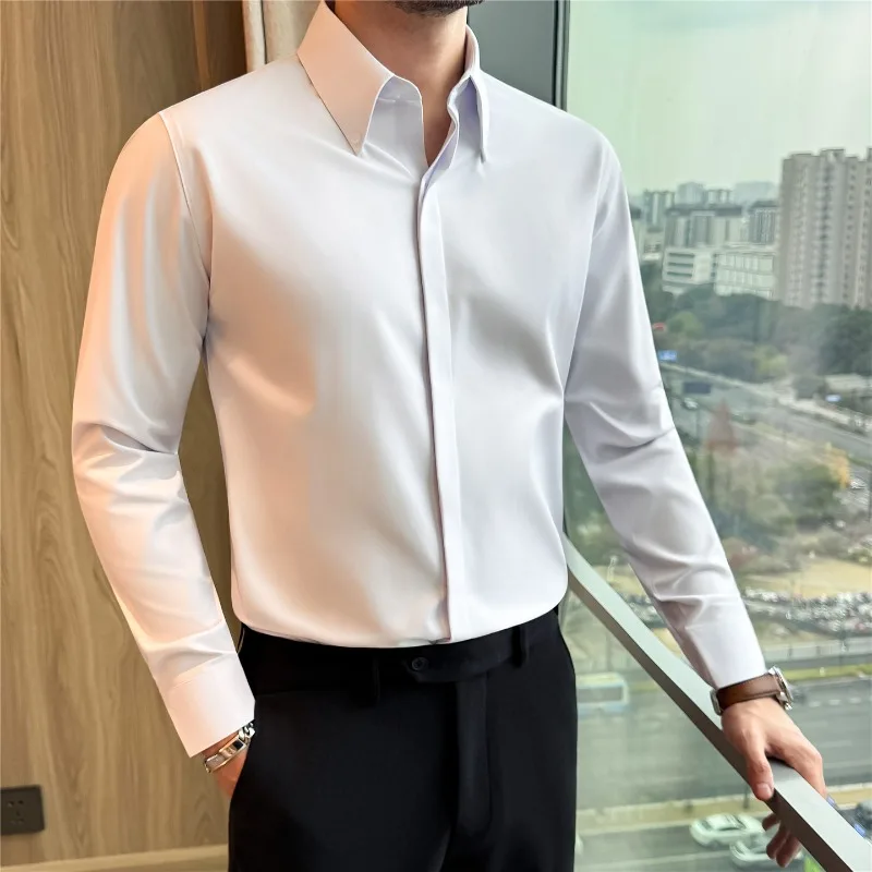Men Shirt Long Sleeved Business Casual Big Pointed Collar Elasticity Slim Fit Top Solid Formal Dress Shirt Male Quality Clothing
Men Shirt Long Sleeved Business Casual Big Pointed Collar Elasticity Slim Fit Top Solid Formal Dress Shirt Male Quality Clothing