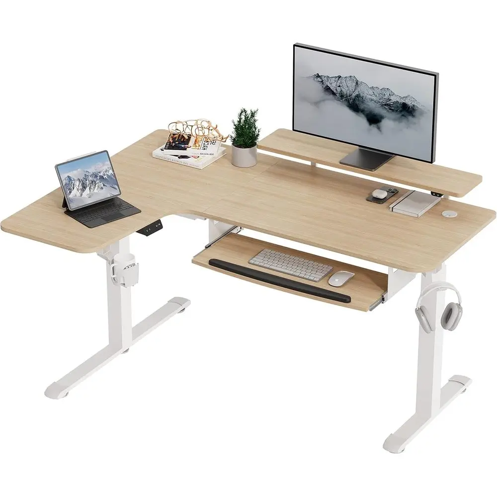 Electric Adjustable Height 61 L-Shaped Sit-Stand Desk with Keyboard Tray, Monitor Stand, LED & Memory Presets, Maple Finish
Electric Adjustable Height 61 L-Shaped Sit-Stand Desk with Keyboard Tray, Monitor Stand, LED & Memory Presets, Maple Finish
