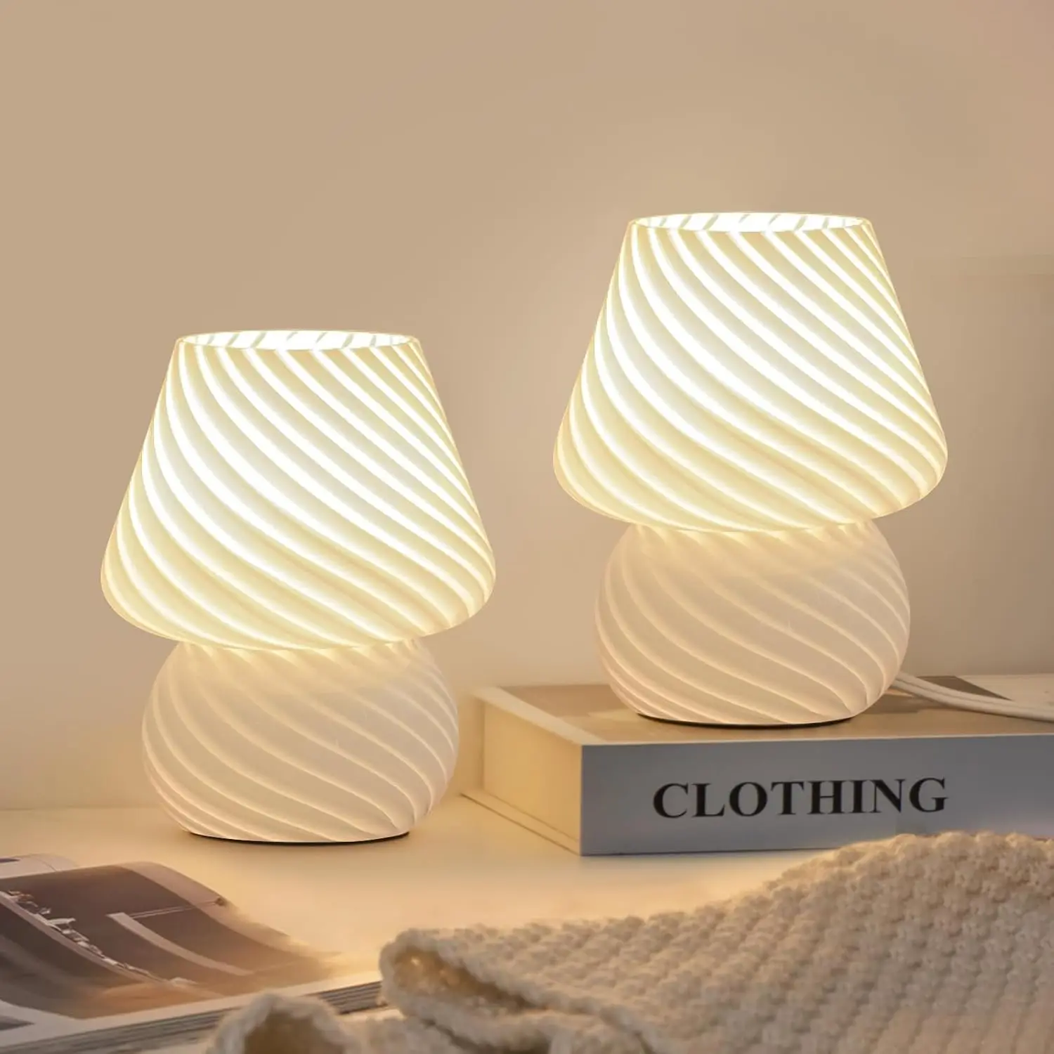 Set of 2 Mushroom Lamps - Small Bedside Table Lamp with Striped Glass, Nightstand Lamp for Bedroom, Living Room, Bulb Included (White)
Set of 2 Mushroom Lamps - Small Bedside Table Lamp with Striped Glass, Nightstand Lamp for Bedroom, Living Room, Bulb Included (White)