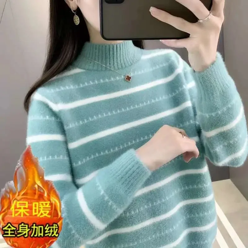 Pullover Sweater Women's Autumn Winter New Coat Add Velvet Padded Striped Bottoming Shirt Loose Mink Velvet Knitwear Female Tops
Pullover Sweater Women's Autumn Winter New Coat Add Velvet Padded Striped Bottoming Shirt Loose Mink Velvet Knitwear Female Tops
