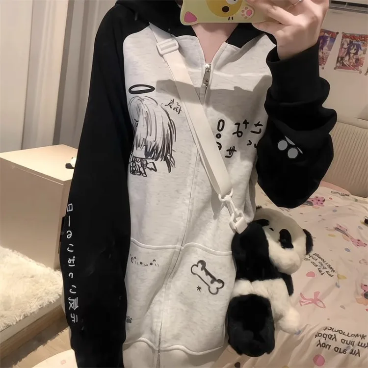 Japanese Print Black Gray Hoodie Sweatshirts Y2k Grunge Long Sleeve Loose Coat Women 2025 Spring New All-match Tops Mujer
Japanese Print Black Gray Hoodie Sweatshirts Y2k Grunge Long Sleeve Loose Coat Women 2025 Spring New All-match Tops Mujer