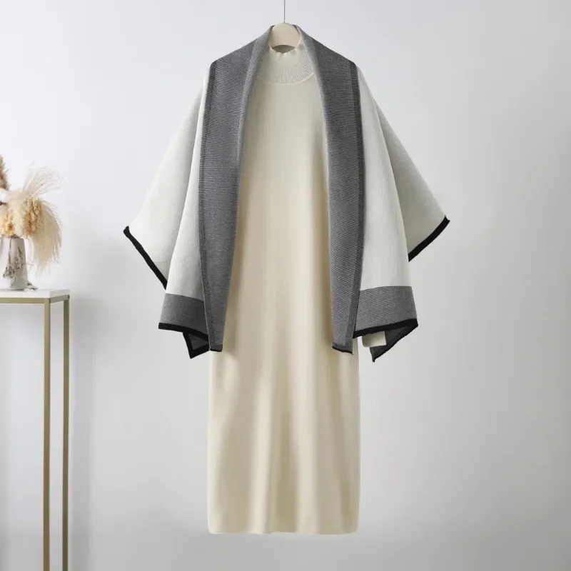 Fashion Elegant Cloak Knitted Dress Suit AutumnColor-block Large Shawl Solid Color Dress Women 2 Piece Sets Womens Outfits
Fashion Elegant Cloak Knitted Dress Suit AutumnColor-block Large Shawl Solid Color Dress Women 2 Piece Sets Womens Outfits