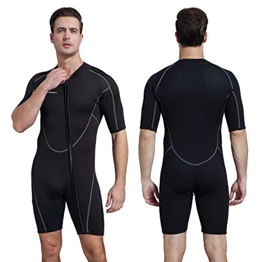 Men's 3mm shorty wetsuit for diving, snorkeling, kayaking, swimming; neoprene material, black; front zip, full-body thermal pro
Men's 3mm shorty wetsuit for diving, snorkeling, kayaking, swimming; neoprene material, black; front zip, full-body thermal pro