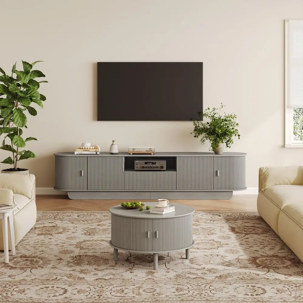 Table and TV Stand Set of 2, Round Center Table with Storage, Fluted Coffee Table with 360 Sliding Doors, 86.6 Entertainment Ce
Table and TV Stand Set of 2, Round Center Table with Storage, Fluted Coffee Table with 360 Sliding Doors, 86.6 Entertainment Ce