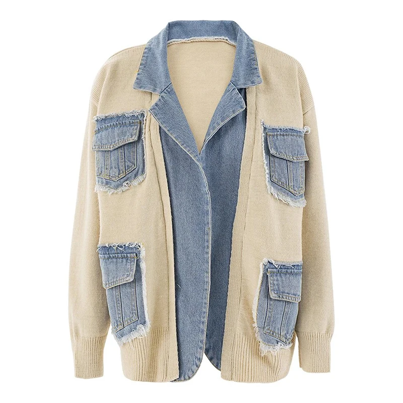 Denim Spliced Coat For Women Personalized Fashion Versatile Knitted Cardigan Polo Collar Pockets Contrast Color Design Jackets
Denim Spliced Coat For Women Personalized Fashion Versatile Knitted Cardigan Polo Collar Pockets Contrast Color Design Jackets