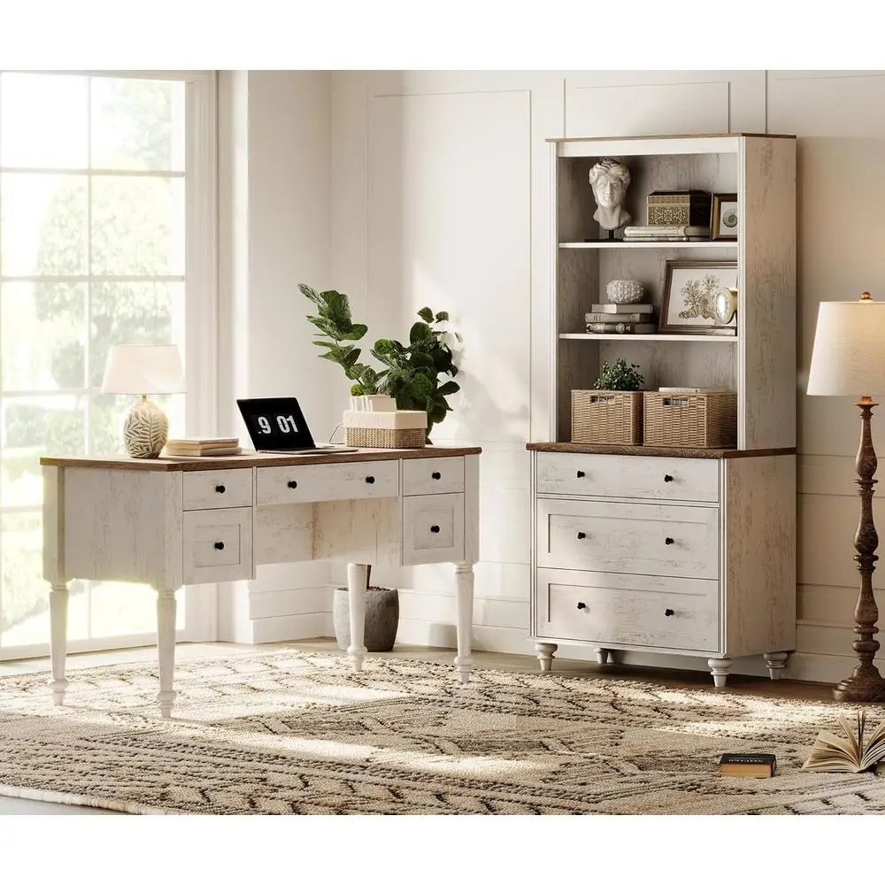 56 Executive Desk with Charging, 72 Tall Bookcase, 3-Shelf, Wooden Desk with File Cabinet, Open Shelving, Rustic White
56 Executive Desk with Charging, 72 Tall Bookcase, 3-Shelf, Wooden Desk with File Cabinet, Open Shelving, Rustic White