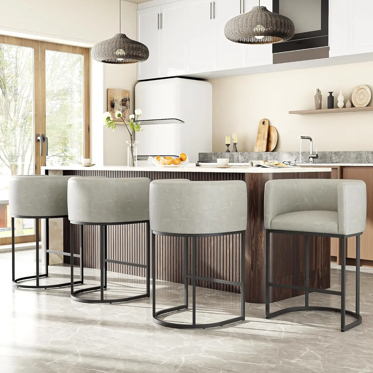 26in Counter Stools Set of 4 Barrel Back Arms Faux Leather Kitchen Island 450lbs Grayish White, Customized
26in Counter Stools Set of 4 Barrel Back Arms Faux Leather Kitchen Island 450lbs Grayish White, Customized