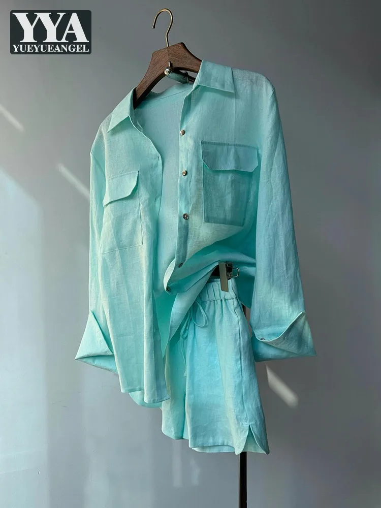 Turndown Collar Double Pocket Womens Summer Shirt Sets Long Sleeve Tops Loose Fit Casual Above Knee Length Shorts Two-Piece Set
Turndown Collar Double Pocket Womens Summer Shirt Sets Long Sleeve Tops Loose Fit Casual Above Knee Length Shorts Two-Piece Set