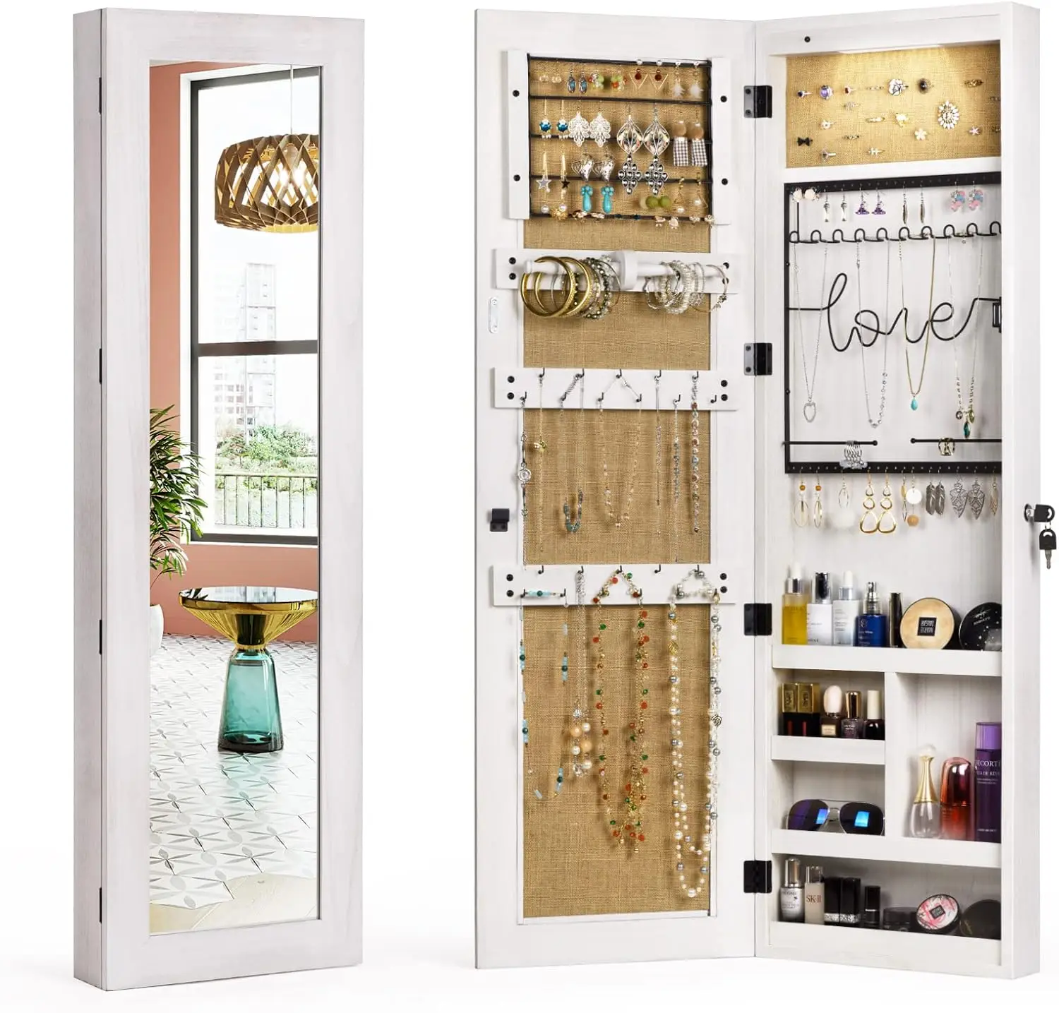 Jewelry Cabinet, Solid Wood Jewelry Storage Cabinet with Full Mirror, Wall/Door Mount (Washed White)
Jewelry Cabinet, Solid Wood Jewelry Storage Cabinet with Full Mirror, Wall/Door Mount (Washed White)