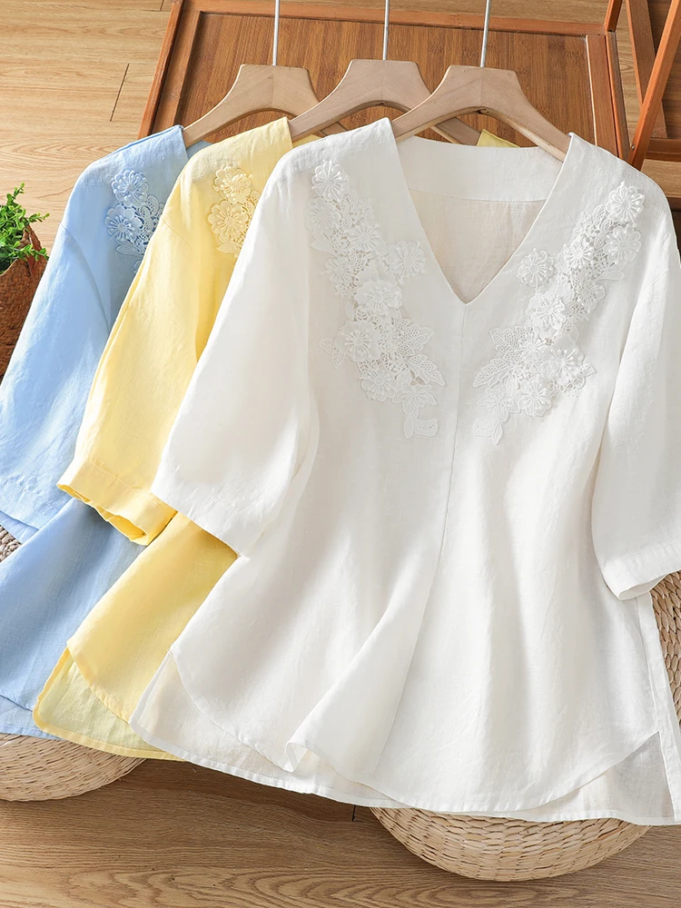 Summer 2026 Loose Lace Trim V-Neck Embroidered T-Shirt Large Size Women's Short Sleeve Casual Loose Top Commute Artistic Style
Summer 2026 Loose Lace Trim V-Neck Embroidered T-Shirt Large Size Women's Short Sleeve Casual Loose Top Commute Artistic Style