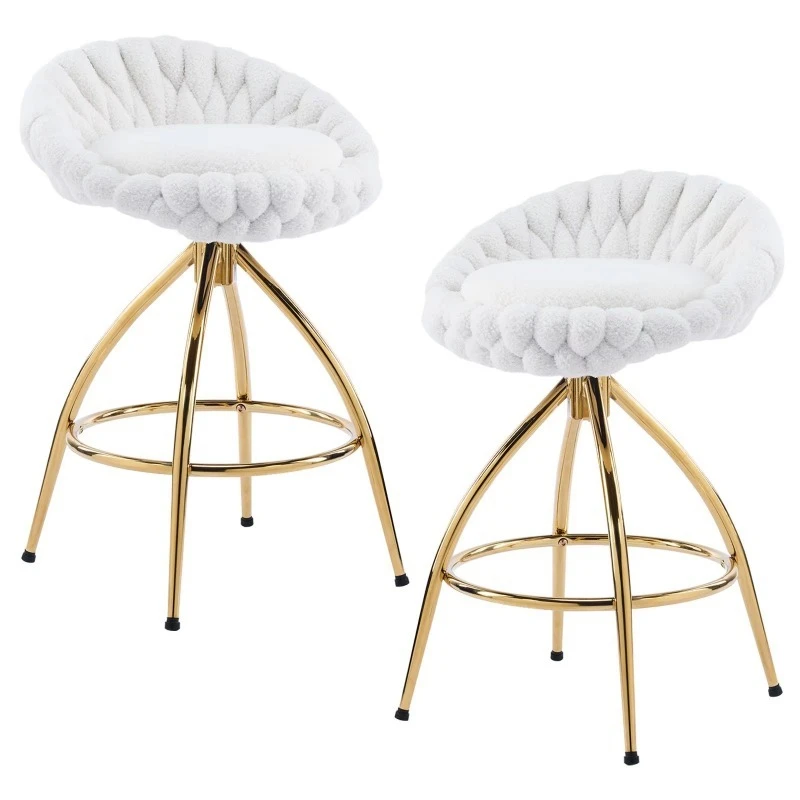 White velvet bar stool with rotating gold-plated iron feet and comfortable weave style
White velvet bar stool with rotating gold-plated iron feet and comfortable weave style