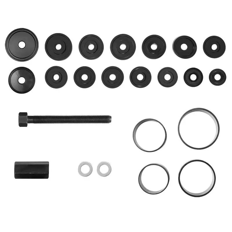 23-piece wheel bearing press set. FWD bearing puller tool for removing and installing front wheel drive bearings, wheel bearing tool with sliding screw, bushings, sleeve plates, and storage case.
23-piece wheel bearing press set. FWD bearing puller tool for removing and installing front wheel drive bearings, wheel bearing tool with sliding screw, bushings, sleeve plates, and storage case.