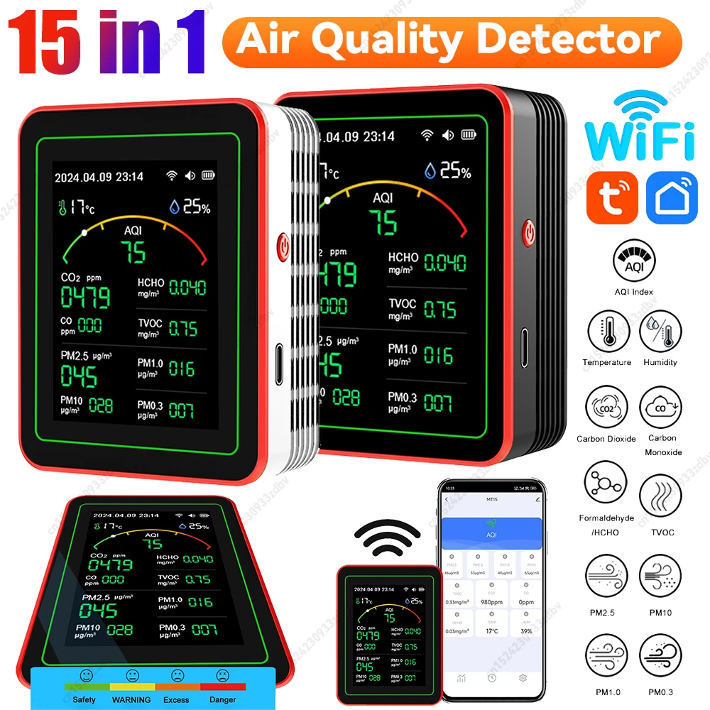 Wi-Fi 15-в-1 детектор качества воздуха TFT дисплей портативный AQI PM0.3 PM1.0 PM2.5 PM10 тестер приложение контроль температуры и влажности метр 
Wi-Fi 15-в-1 детектор качества воздуха TFT дисплей портативный AQI PM0.3 PM1.0 PM2.5 PM10 тестер приложение контроль температуры и влажности метр