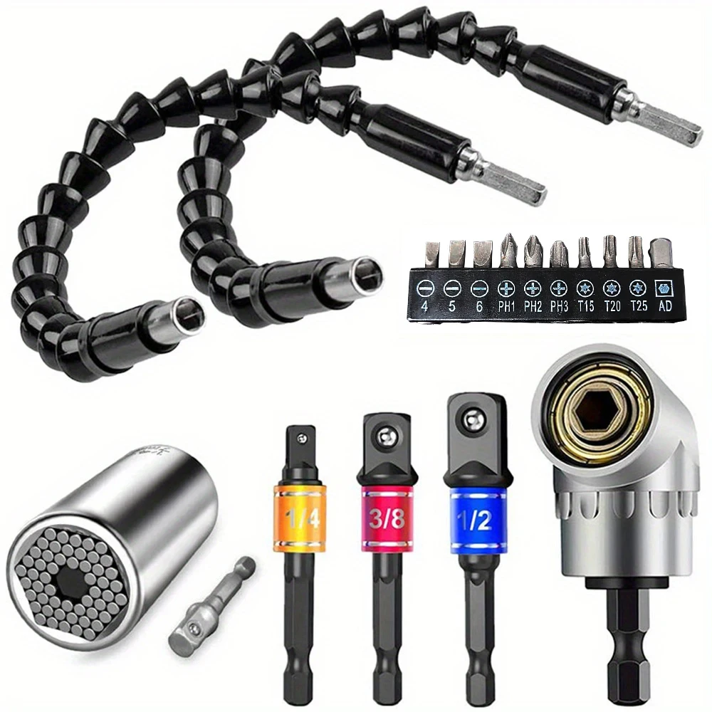 Flexible Drill Extension Hex Shank Drill Nut Driver Bit Set Bendable Drill Bit Extension+Universal Socket Adapter+Screwdriver Bi
Flexible Drill Extension Hex Shank Drill Nut Driver Bit Set Bendable Drill Bit Extension+Universal Socket Adapter+Screwdriver Bi