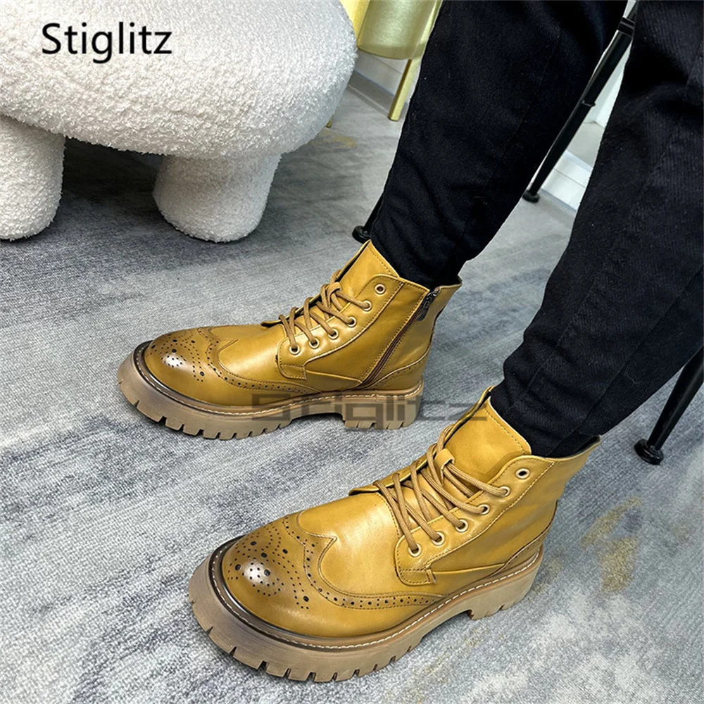 Thick Soled Brouge Leather Boots for Men Round Toe Lace Up Motorcycle Boots Autumn Winter British Style Non-Slip Ankle Boots
Thick Soled Brouge Leather Boots for Men Round Toe Lace Up Motorcycle Boots Autumn Winter British Style Non-Slip Ankle Boots