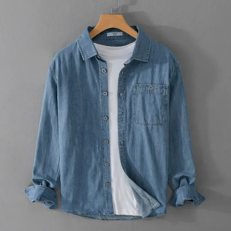 Весенне-осенняя винтажная джинсовая рубашка мужская с длинным рукавом корейская повседневная светло-голубая джинсовая рубашка с карманом с лацканами рубашка из чистого хлопка простая 
Весенне-осенняя винтажная джинсовая рубашка мужская с длинным рукавом корейская повседневная светло-голубая джинсовая рубашка с карманом с лацканами рубашка из чистого хлопка простая