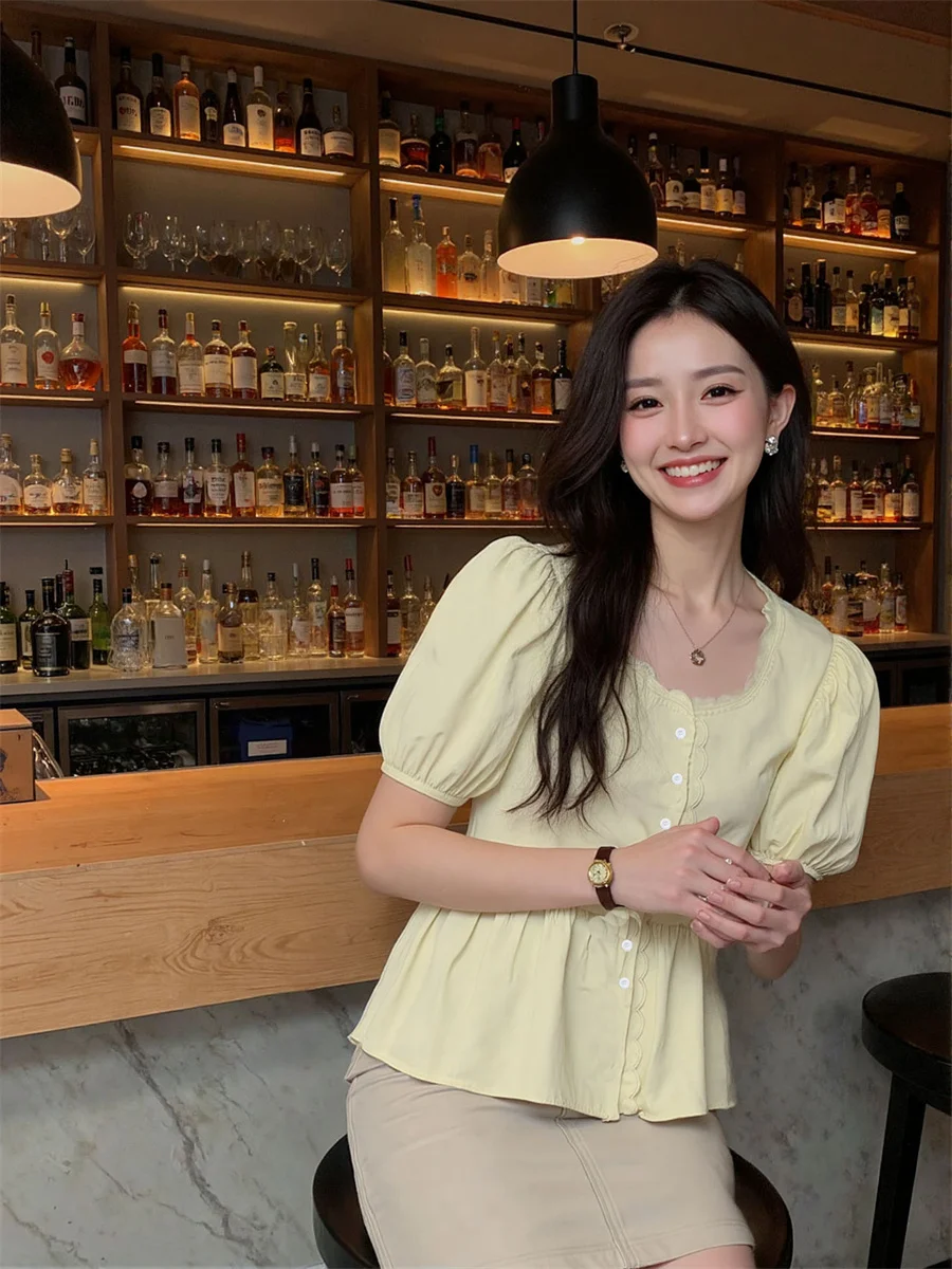 Lovely Shirts Women Summer Short Sleeve Blouse with Peter Pan Collar Puff Sleeves and Lace Splice for Kawaii Daily Outfits
Lovely Shirts Women Summer Short Sleeve Blouse with Peter Pan Collar Puff Sleeves and Lace Splice for Kawaii Daily Outfits