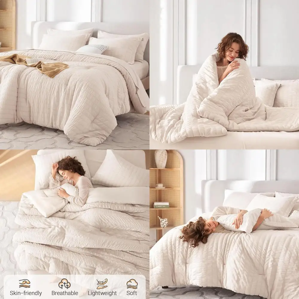 Queen Size Seersucker Bedding Ensemble with Comforter, Sheet Set, Pillowcases, and Shams in Beige
Queen Size Seersucker Bedding Ensemble with Comforter, Sheet Set, Pillowcases, and Shams in Beige