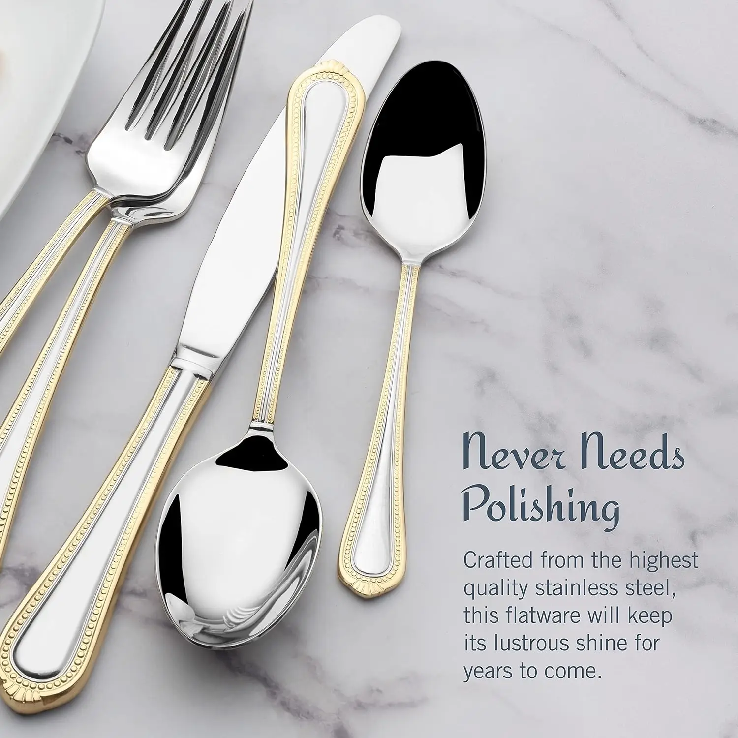 Сервис столовых приборов Gold Accent Regent Bead на 12 наборов из 65 предметов, нержавеющая сталь 18/10, набор столовых приборов с сервировочной посудой
Сервис столовых приборов Gold Accent Regent Bead на 12 наборов из 65 предметов, нержавеющая сталь 18/10, набор столовых приборов с сервировочной посудой