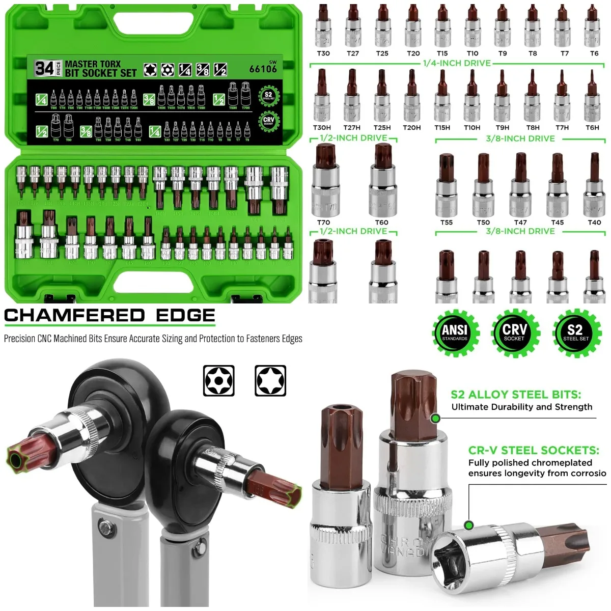 SWANLAKE 34PCS Master TORX Bit Socket Set, Premium S2 Alloy Steel, Solid Star & Tamper Proof T6 ~ T70
SWANLAKE 34PCS Master TORX Bit Socket Set, Premium S2 Alloy Steel, Solid Star & Tamper Proof T6 ~ T70