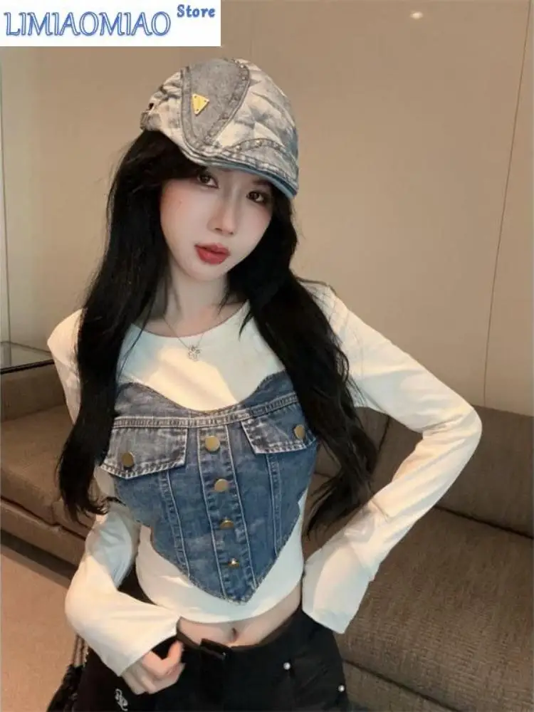 Chic Love Denim Patchwork Long Sleeve T-shirt Cropped Tops Girls Y2k Clothes Button Tees Women Design Streetwear Bottom Shirts
Chic Love Denim Patchwork Long Sleeve T-shirt Cropped Tops Girls Y2k Clothes Button Tees Women Design Streetwear Bottom Shirts