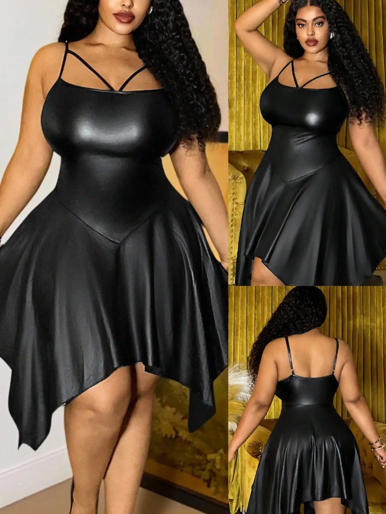 Черное асимметричное платье А-силуэта из искусственной кожи для полных женщин, эластичное клубное платье без рукавов с перекрестными бретелями
Черное асимметричное платье А-силуэта из искусственной кожи для полных женщин, эластичное клубное платье без рукавов с перекрестными бретелями