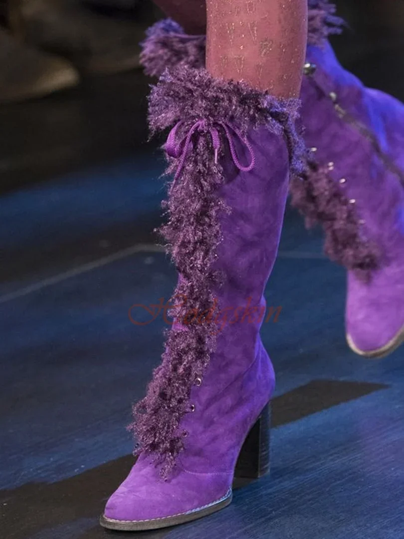 Fur Fringe Lace Up Boots Pointed Toe Solid Suede Chunky High Heels Boots Mid Calf Winter Runway Shoes Women Sexy Casual Shoes
Fur Fringe Lace Up Boots Pointed Toe Solid Suede Chunky High Heels Boots Mid Calf Winter Runway Shoes Women Sexy Casual Shoes