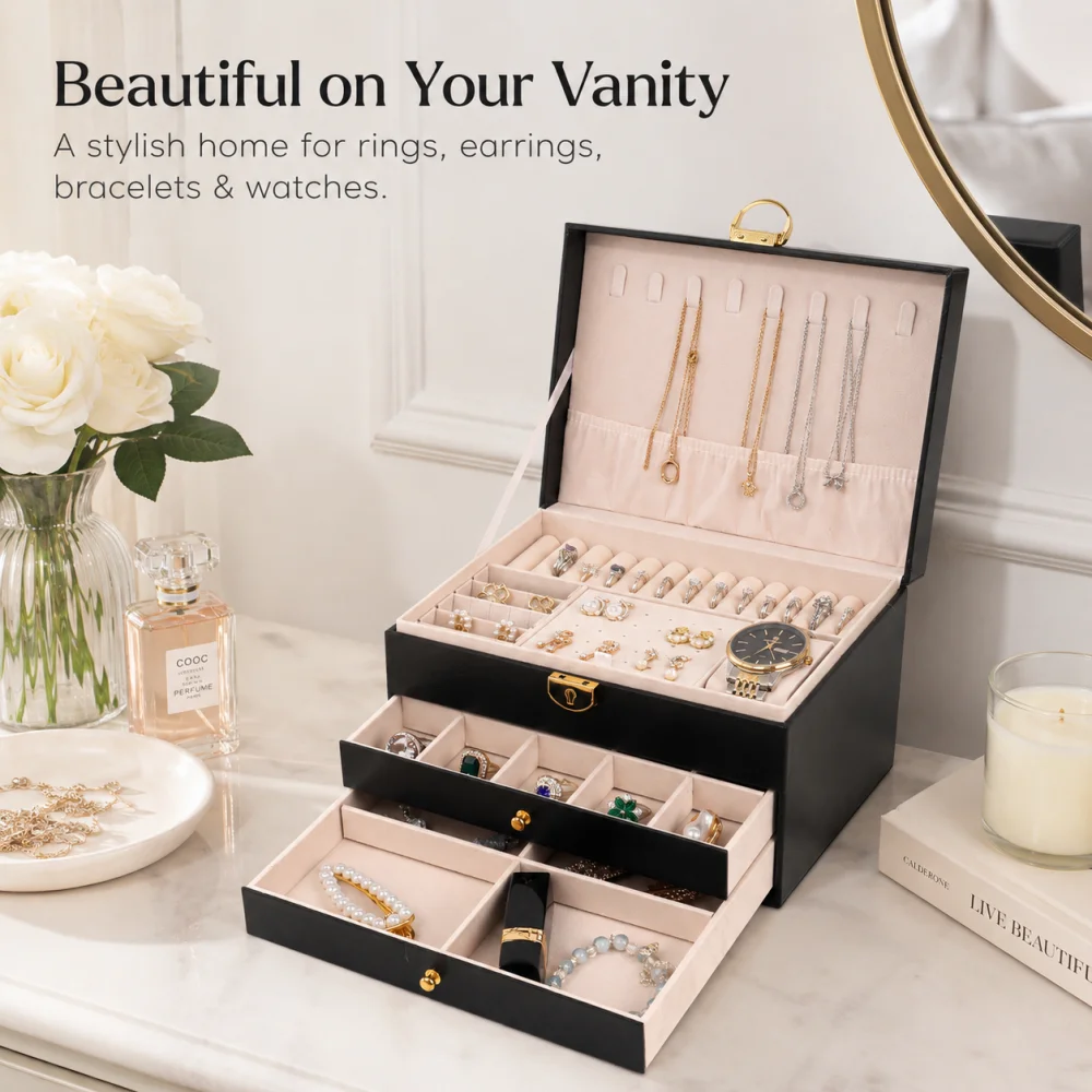 Elegant 3 Tier Jewellery Storage Box With Lock Multi Drawer Jewelry Holder Vanity Accessory Organizer Lady Gift
Elegant 3 Tier Jewellery Storage Box With Lock Multi Drawer Jewelry Holder Vanity Accessory Organizer Lady Gift