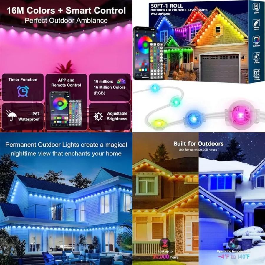 50Feet Permanent Outdoor RGB Lights, Waterproof Smart LED Eaves Lights with App/Remote Control, for Christmas and All Holiday D
50Feet Permanent Outdoor RGB Lights, Waterproof Smart LED Eaves Lights with App/Remote Control, for Christmas and All Holiday D