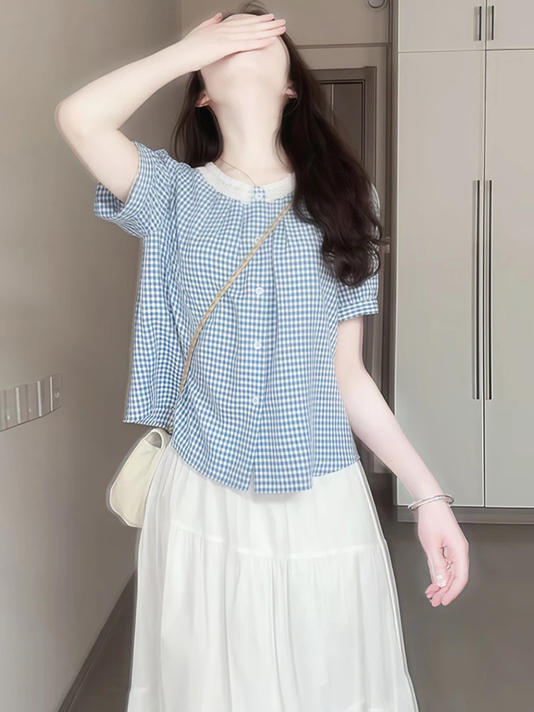 Blue Plaid Short Sleeve Shirt Women's Summer New Style Lightweight Anti-Aging Fashionable Top Korean Version Loose Fit
Blue Plaid Short Sleeve Shirt Women's Summer New Style Lightweight Anti-Aging Fashionable Top Korean Version Loose Fit