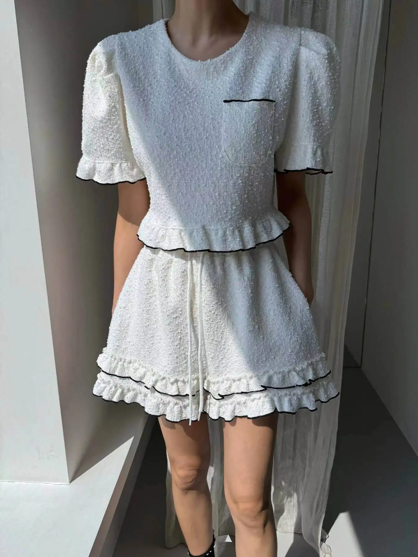 Women's Bubble Sve round Ne ort Waist Dstring Gathered Waist Wide Leg ort Pants Set Faionable Polyester Fiber 
Women's Bubble Sve round Ne ort Waist Dstring Gathered Waist Wide Leg ort Pants Set Faionable Polyester Fiber