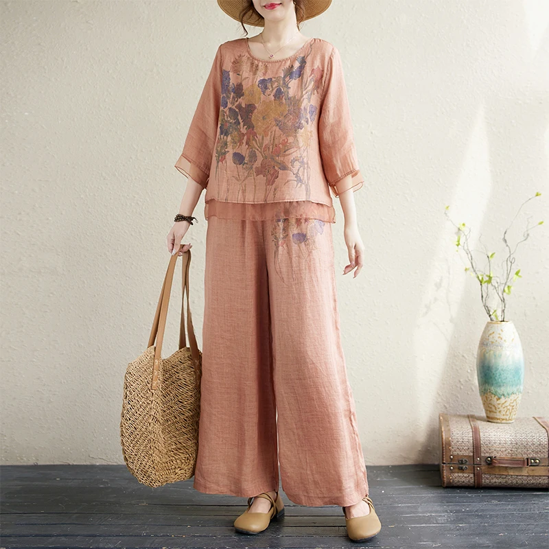 Высококачественный комплект из хлопка и льна, женские широкие брюки, летний костюм из двух предметов Faion, одежда для мам, Новое поступление 2025 г. 
Высококачественный комплект из хлопка и льна, женские широкие брюки, летний костюм из двух предметов Faion, одежда для мам, Новое поступление 2025 г.