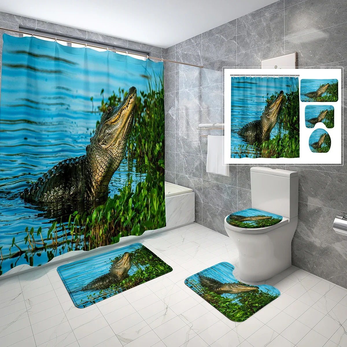 4 Piece Set Wild Animal Crocodile Shower Curtain with Non-Slip Rugs Toilet Lid Cover Waterproof Bath Curtain for Bathroom Decor
4 Piece Set Wild Animal Crocodile Shower Curtain with Non-Slip Rugs Toilet Lid Cover Waterproof Bath Curtain for Bathroom Decor