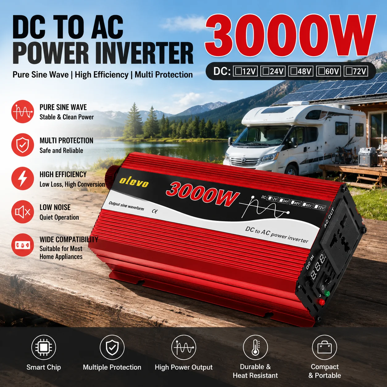 "High-quality pure sine wave inverter 1000W–3000W, converts DC 60V to AC 110V 220V, equipped with universal socket and charging
"High-quality pure sine wave inverter 1000W–3000W, converts DC 60V to AC 110V 220V, equipped with universal socket and charging