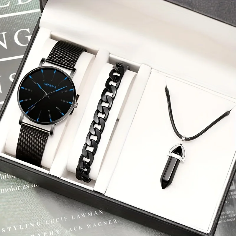 3pcs/set, Fashion Men's Business Mesh Belt Watch & Black Bracelet & Hexagonal Column Pendant Necklace
3pcs/set, Fashion Men's Business Mesh Belt Watch & Black Bracelet & Hexagonal Column Pendant Necklace