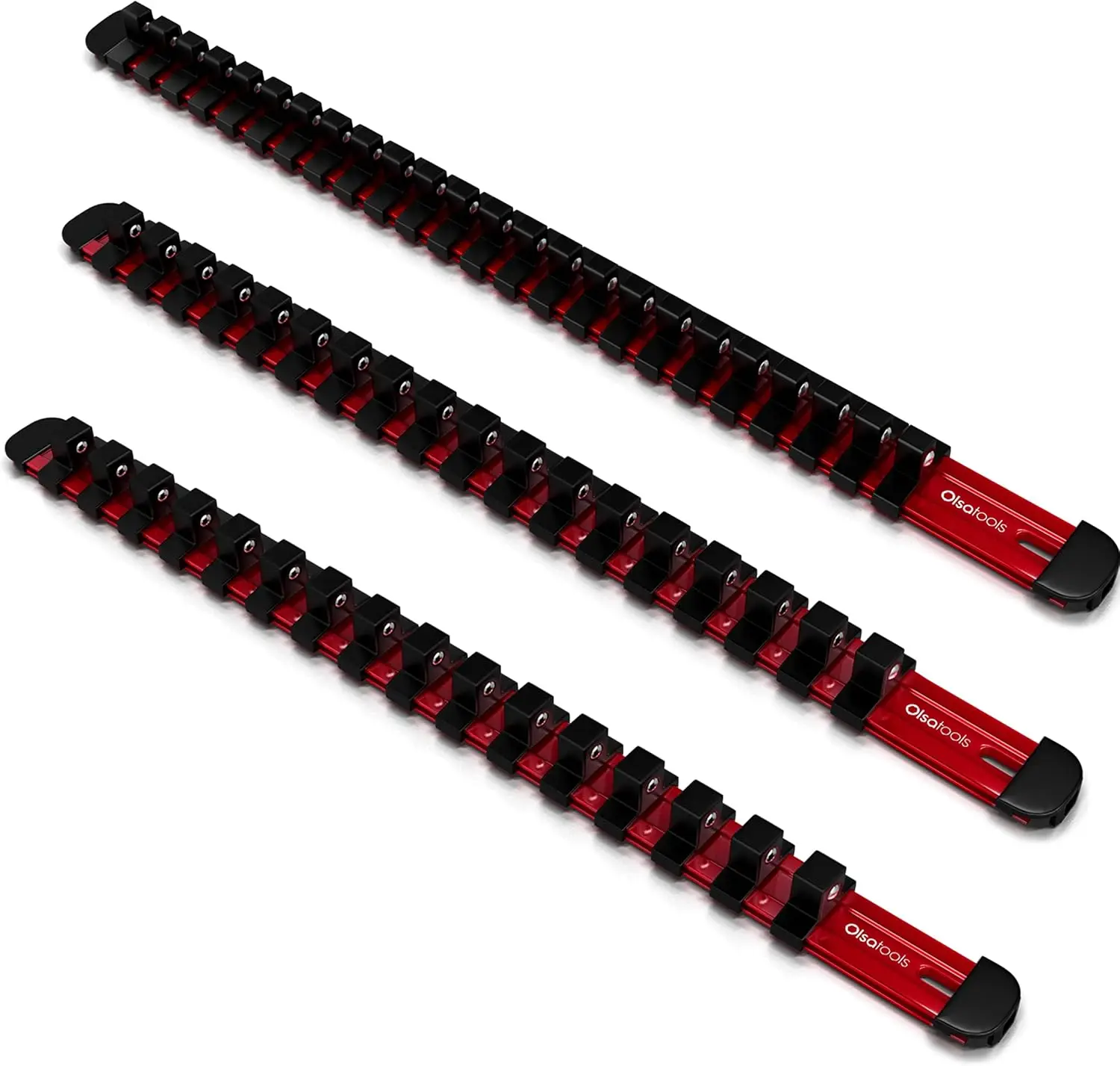 3-Pc Aluminum Socket Organizer Set with Locking End Caps, 1/4, 3/8, 1/2 Inch Drive, 58 Sockets Capacity, Red
3-Pc Aluminum Socket Organizer Set with Locking End Caps, 1/4, 3/8, 1/2 Inch Drive, 58 Sockets Capacity, Red