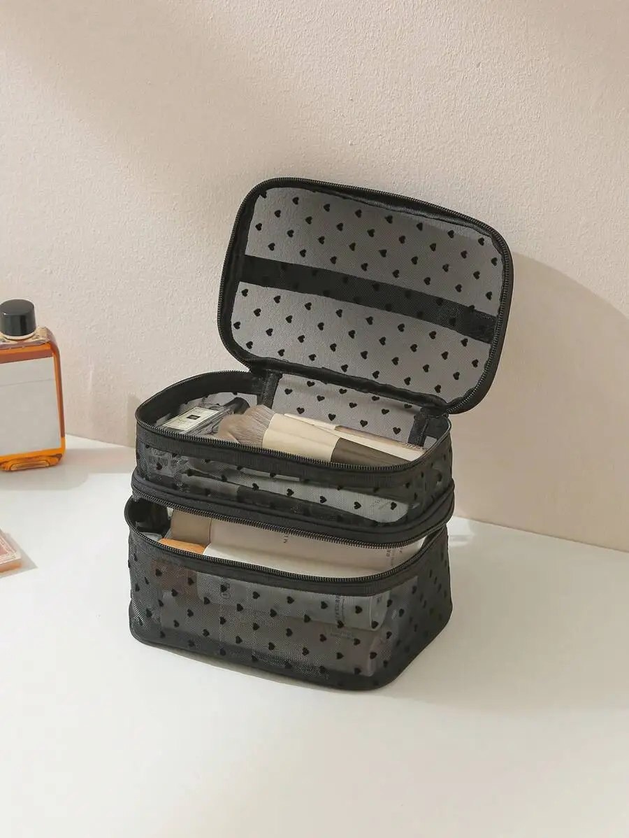 Black Mesh Double Layer Travel Makeup Bag With Heart Pattern Large Capacity Cosmetic Organizer For Women
Black Mesh Double Layer Travel Makeup Bag With Heart Pattern Large Capacity Cosmetic Organizer For Women
