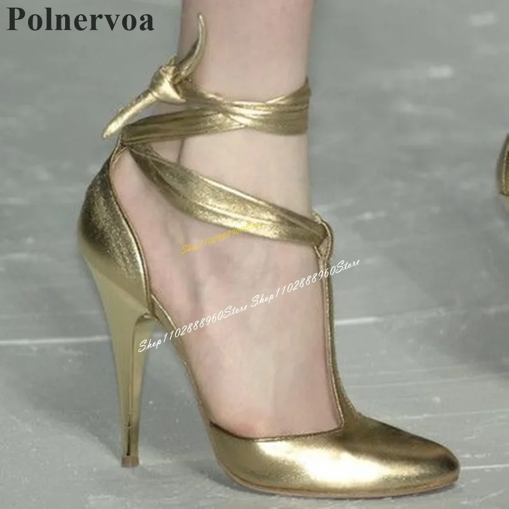 Catwalk Metallic Gold T Strap Pumps Thin High Heel Shoes For Women Lace Up Pointed Toe 2024 Fashionable Zapatos Para Mujere 
Catwalk Metallic Gold T Strap Pumps Thin High Heel Shoes For Women Lace Up Pointed Toe 2024 Fashionable Zapatos Para Mujere