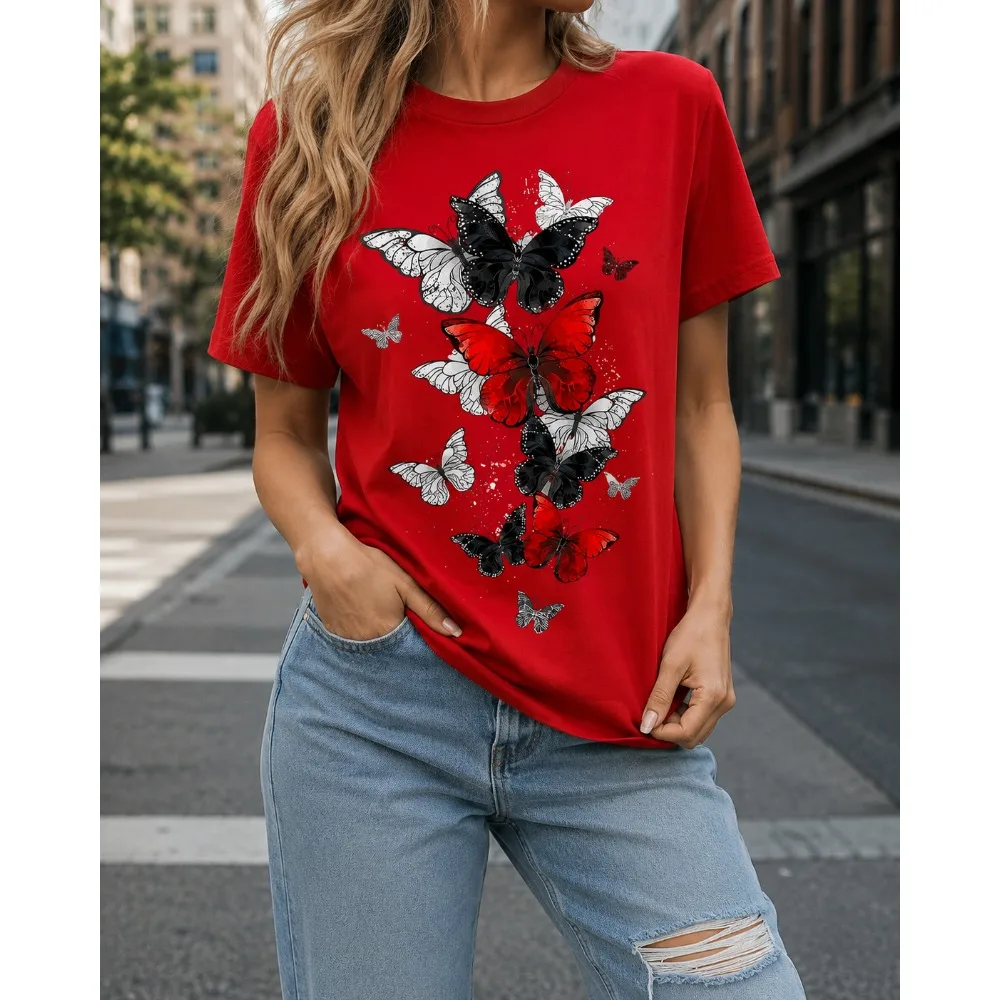 Butterfly Print T-Shirt Black Red Butterfly Pattern Short Sleeve Round Neck Blouse Loose Fit Casual Top with Butterfly Design
Butterfly Print T-Shirt Black Red Butterfly Pattern Short Sleeve Round Neck Blouse Loose Fit Casual Top with Butterfly Design