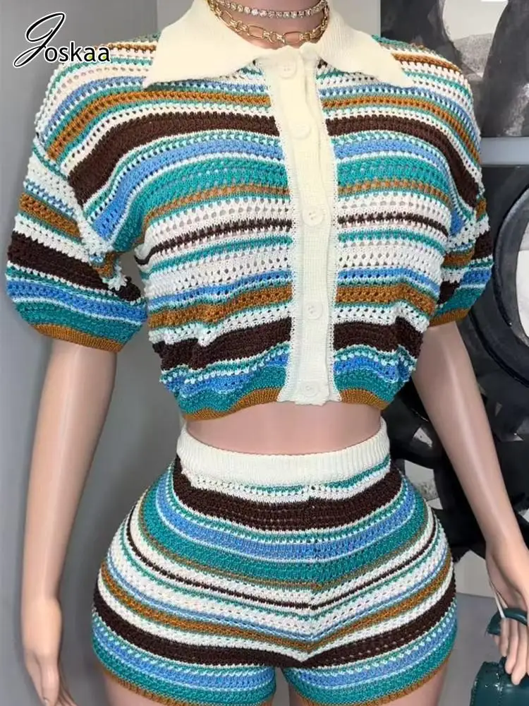 Joskaa 2025 Women's Striped Knit Two Piece Set Casual Lapel Short Sleeve Single Breasted Top and Shorts Matching Y2K Streetwear
Joskaa 2025 Women's Striped Knit Two Piece Set Casual Lapel Short Sleeve Single Breasted Top and Shorts Matching Y2K Streetwear