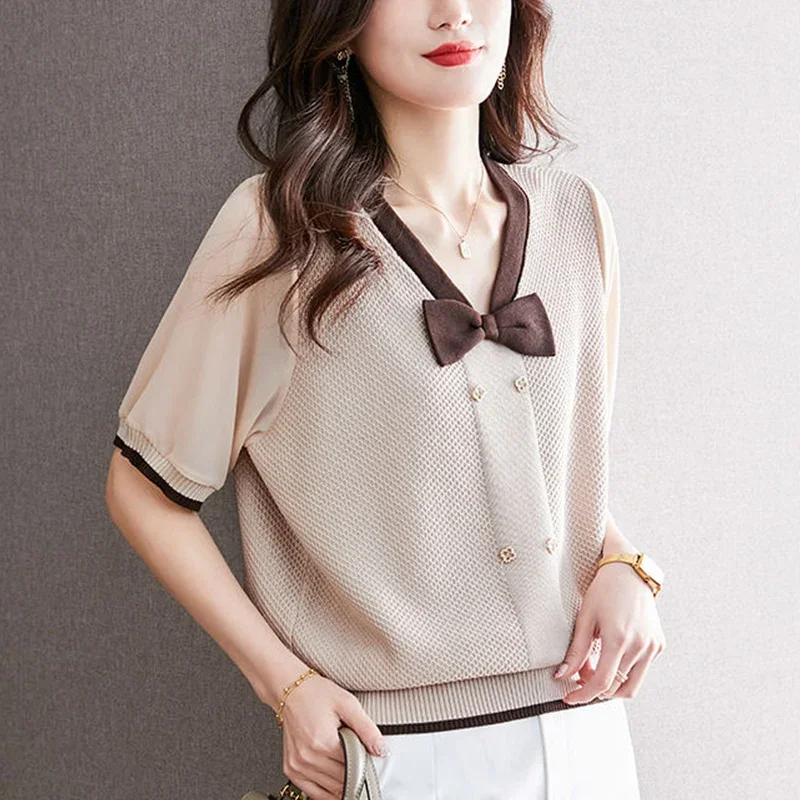 Summer Casual Fashion Bow V-neck Knitting T-shirt Female Short Sleeve Loose All-Match Top Women Simple Comfortable Mesh Z346
Summer Casual Fashion Bow V-neck Knitting T-shirt Female Short Sleeve Loose All-Match Top Women Simple Comfortable Mesh Z346