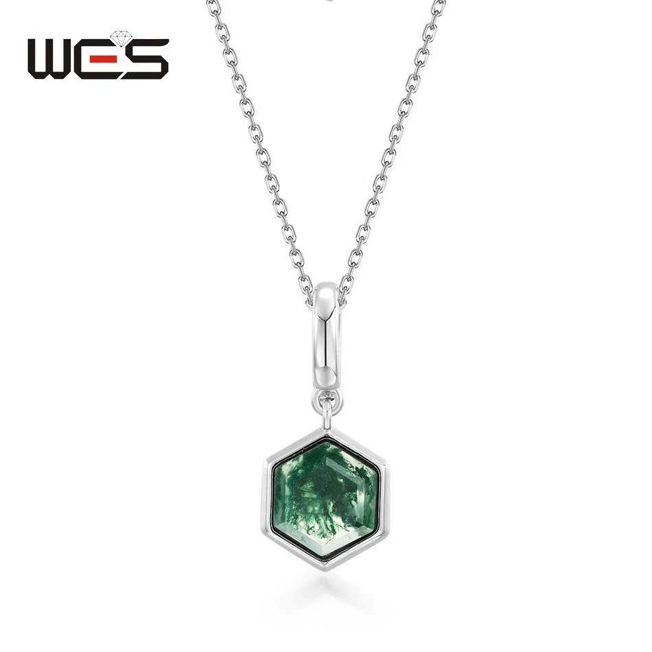 WES 925 Sterling Silver Hexagon Natural Moss Agate Pendant Necklace for Woman 8*9mm Lady Engagement Gift Wholesale Jewelry
WES 925 Sterling Silver Hexagon Natural Moss Agate Pendant Necklace for Woman 8*9mm Lady Engagement Gift Wholesale Jewelry
