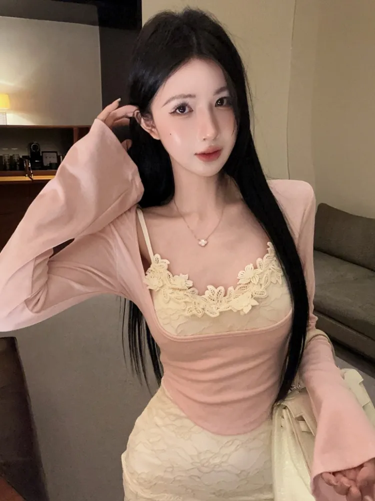 Slim Fit Long Sleeve T-Shirt Lace Patchwork Wrap Dress Two Piece Set Korean Style Commute Pure Desire Fashion Casual Wear
Slim Fit Long Sleeve T-Shirt Lace Patchwork Wrap Dress Two Piece Set Korean Style Commute Pure Desire Fashion Casual Wear