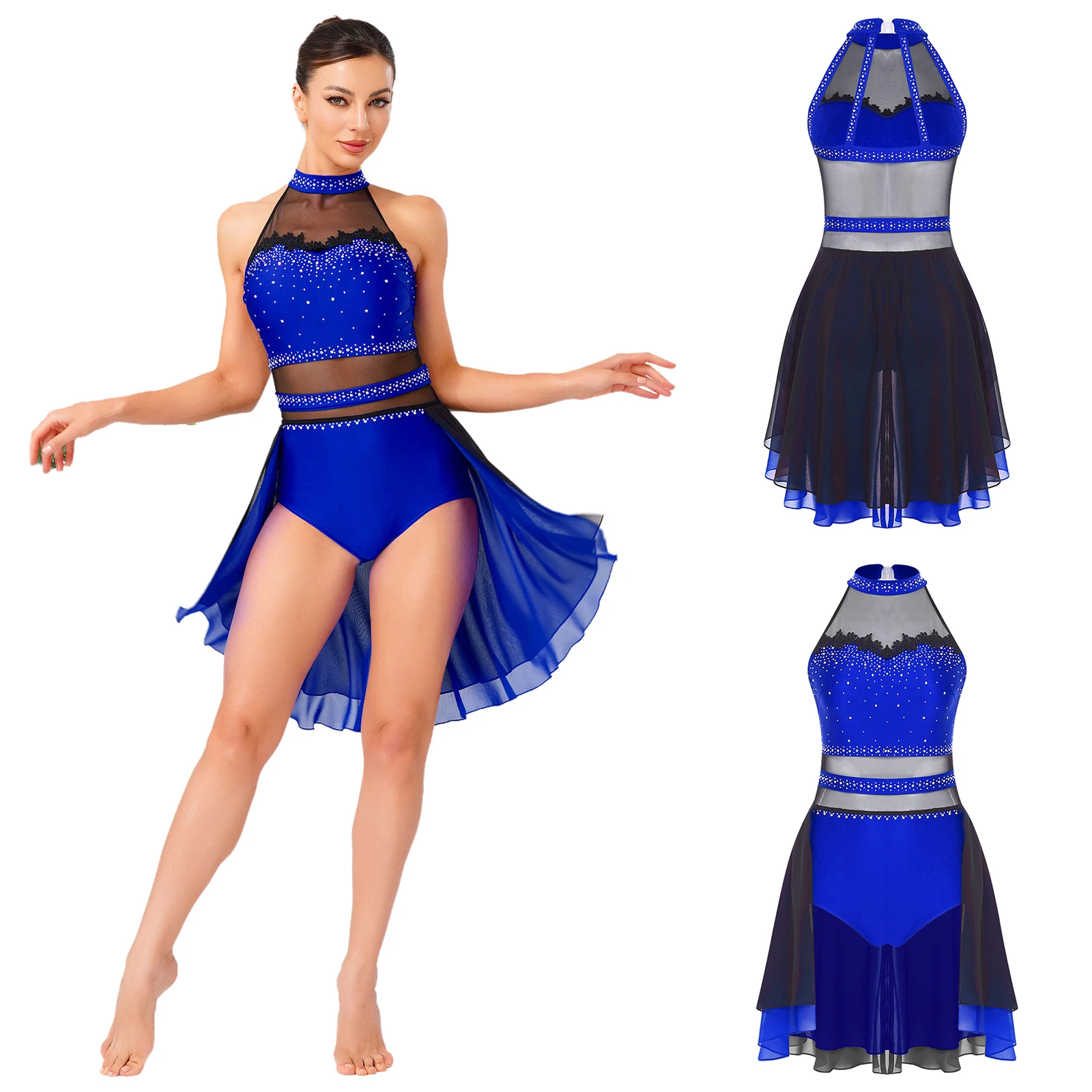 Womens Lyrical Dance Leotard Dress Halter Backless Shiny Rhinestones Mesh Patchwork Contrast Color Skirted Bodysuit Latin Jazz
Womens Lyrical Dance Leotard Dress Halter Backless Shiny Rhinestones Mesh Patchwork Contrast Color Skirted Bodysuit Latin Jazz