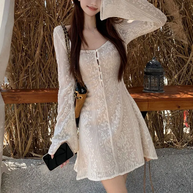 Stylish Lace Embroidery Dresses Women's Clothing Flare Sleeve Spring Autumn Gentle O-Neck Button Aura A-Line Waist Mini Dress
Stylish Lace Embroidery Dresses Women's Clothing Flare Sleeve Spring Autumn Gentle O-Neck Button Aura A-Line Waist Mini Dress