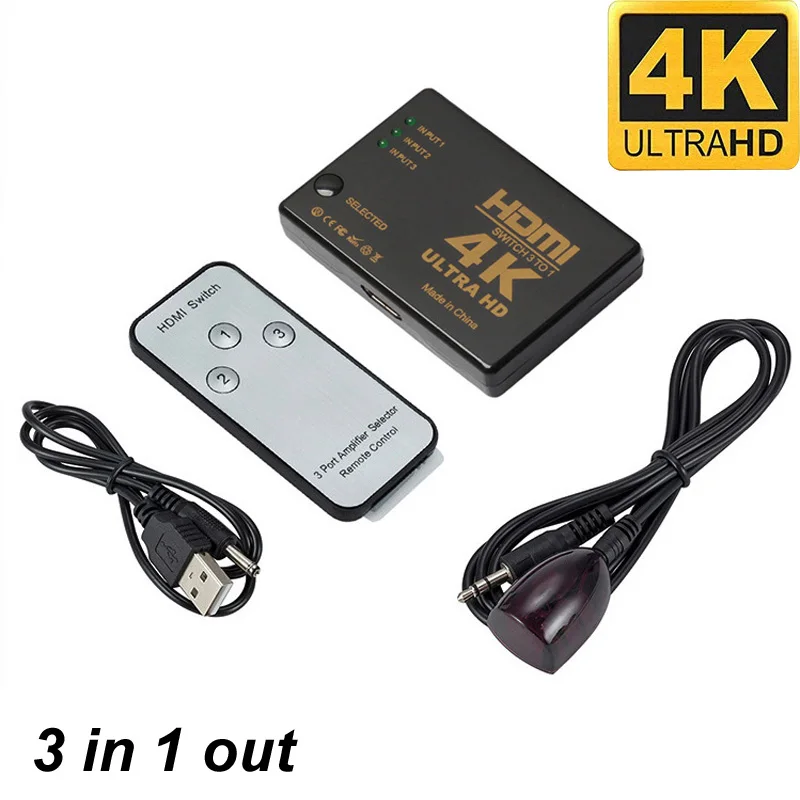 3D HD HDMI-compatible Switch 1.4b 4K Video Switcher Splitter 1080P Adapter 3 input-1 output Wireless IR Remote USB POWER Cable
3D HD HDMI-compatible Switch 1.4b 4K Video Switcher Splitter 1080P Adapter 3 input-1 output Wireless IR Remote USB POWER Cable