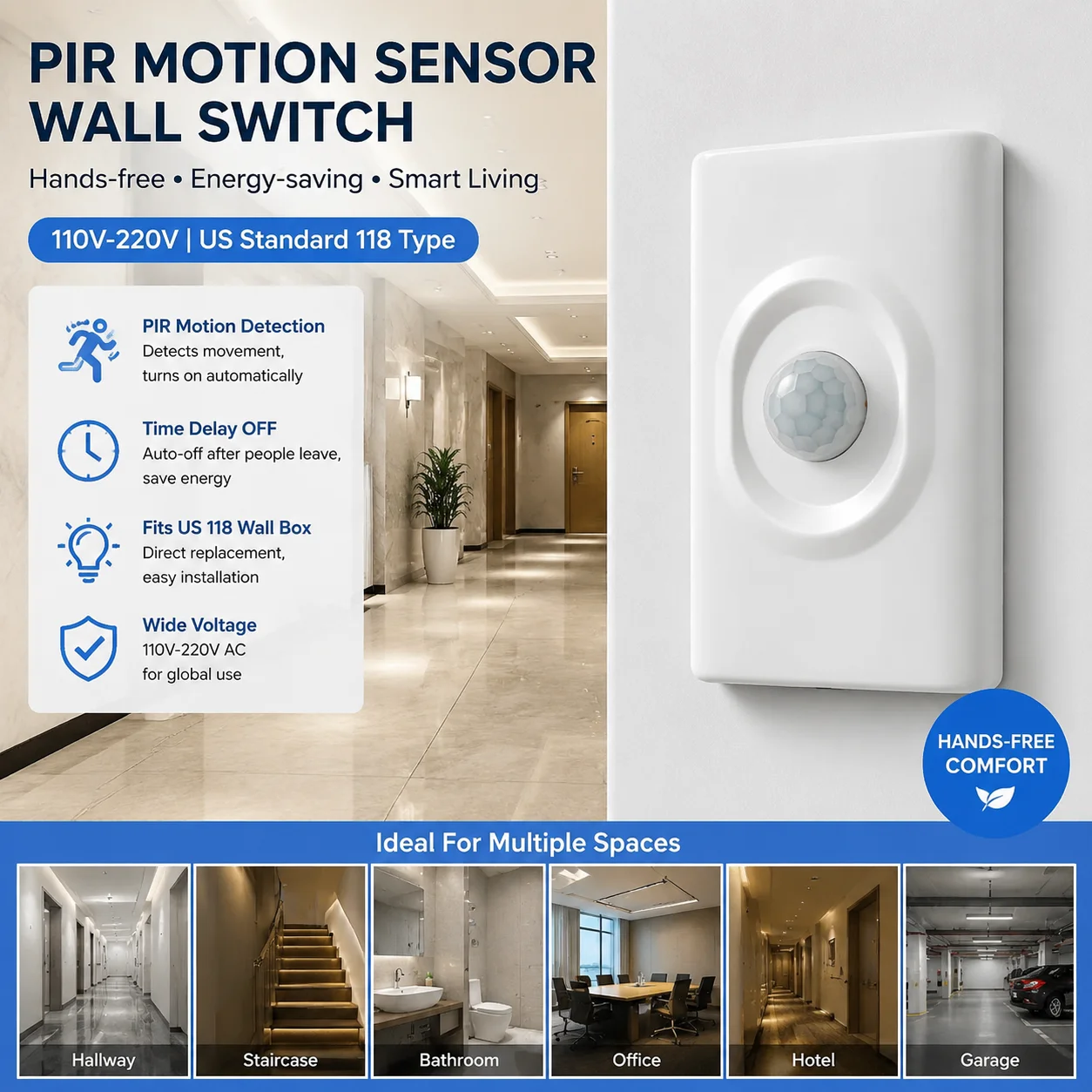 110V-220V US Standard 118 Wall-Mounted PIR Human Infrared Motion Sensor Switch with Infrared Detector
110V-220V US Standard 118 Wall-Mounted PIR Human Infrared Motion Sensor Switch with Infrared Detector