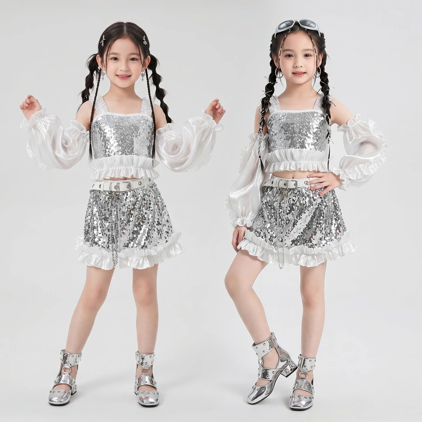 Girls Silver Sequin Kpop Dance Costume Set Off Shoulder Top Skirt for Jazz Hip Hop Clothes Set Dance Party Stage Performance
Girls Silver Sequin Kpop Dance Costume Set Off Shoulder Top Skirt for Jazz Hip Hop Clothes Set Dance Party Stage Performance