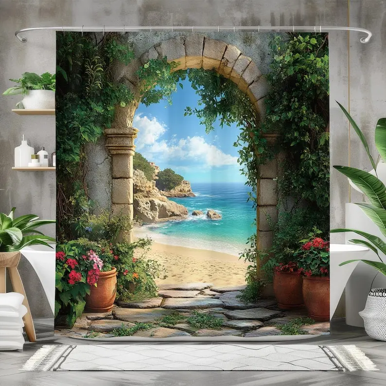Mediterranean Beach View Shower Curtain, Waterproof Fabric Bath Curtain, Scenic Archway Design, Tropical Bathroom Decor
Mediterranean Beach View Shower Curtain, Waterproof Fabric Bath Curtain, Scenic Archway Design, Tropical Bathroom Decor