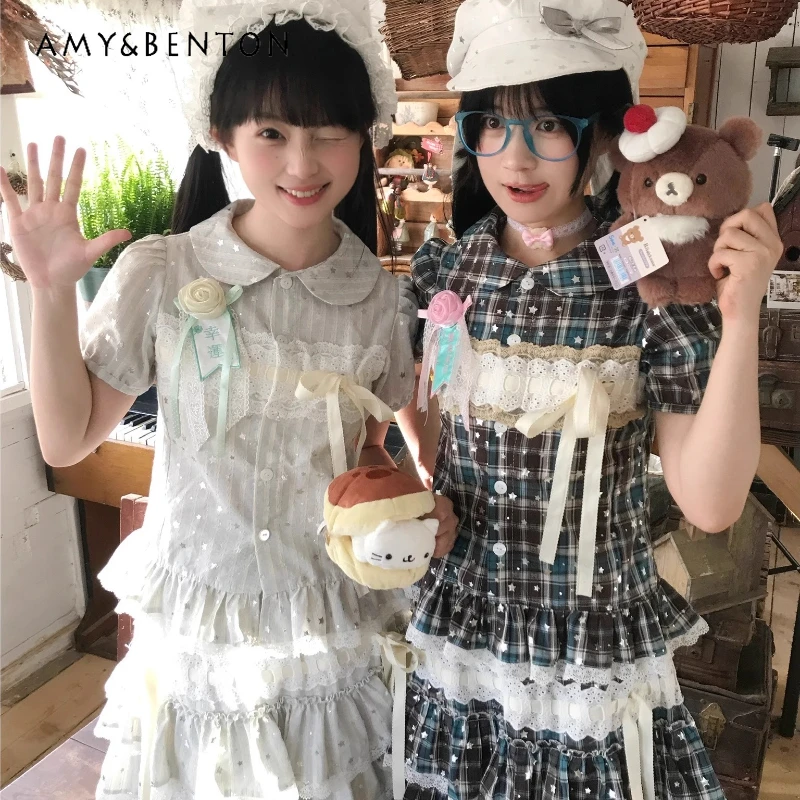 Japanese New Women's Top 2025 Summer Lace Bow Splicing Plaid Water Colorful Striped Shirt Cute Sweet Cake Long Skirts Ladies
Japanese New Women's Top 2025 Summer Lace Bow Splicing Plaid Water Colorful Striped Shirt Cute Sweet Cake Long Skirts Ladies